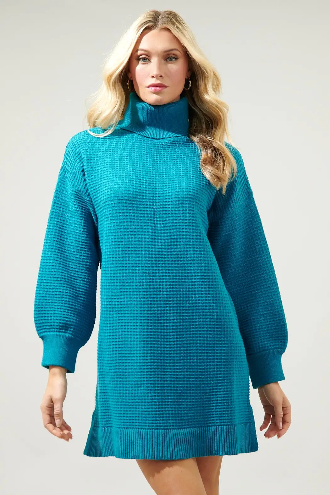 Waffle Knit Turtleneck Sweater Dress- Teal