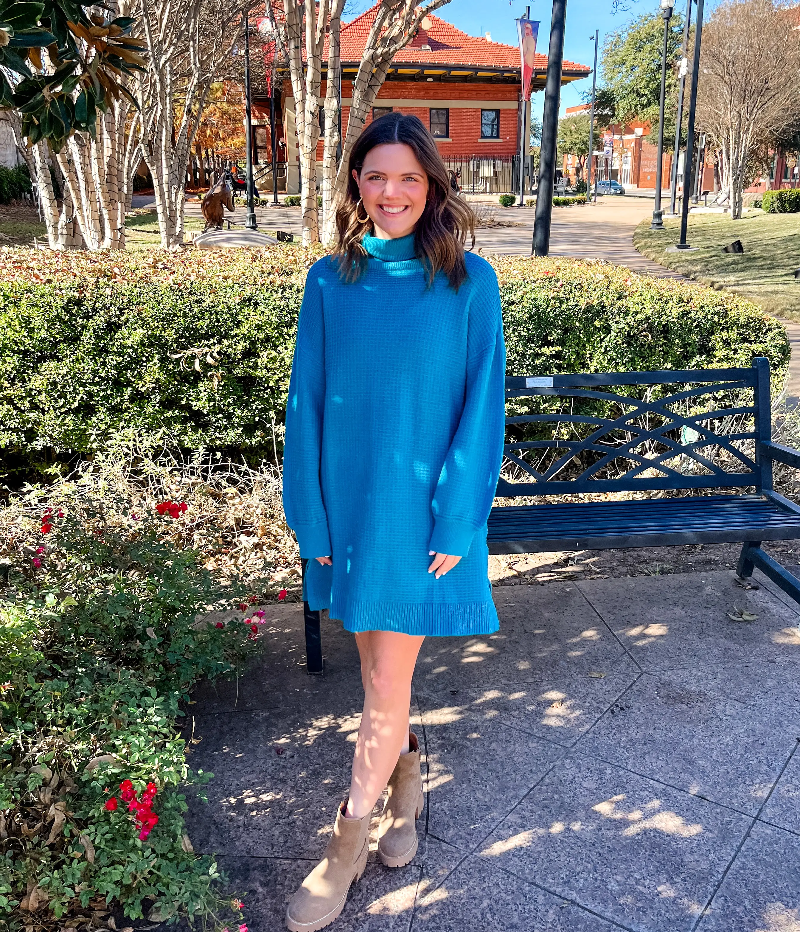 Waffle Knit Turtleneck Sweater Dress- Teal