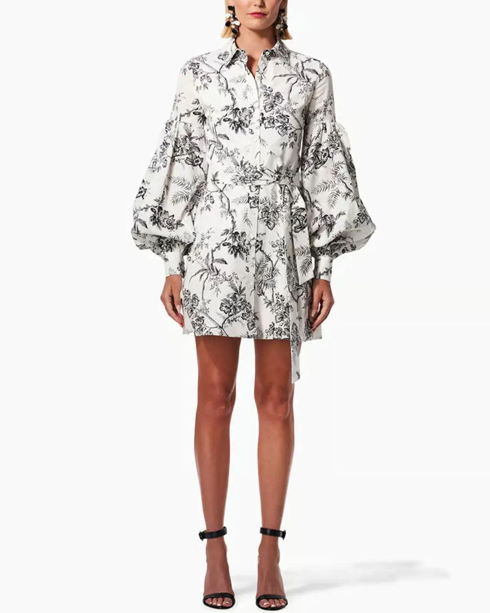 White Botanical Toile Puff Sleeve Shirt Dress