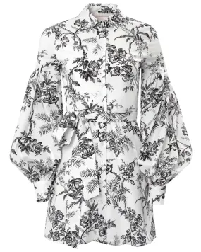 White Botanical Toile Puff Sleeve Shirt Dress