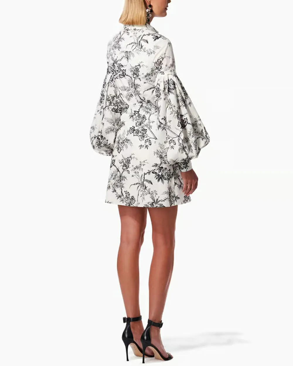 White Botanical Toile Puff Sleeve Shirt Dress