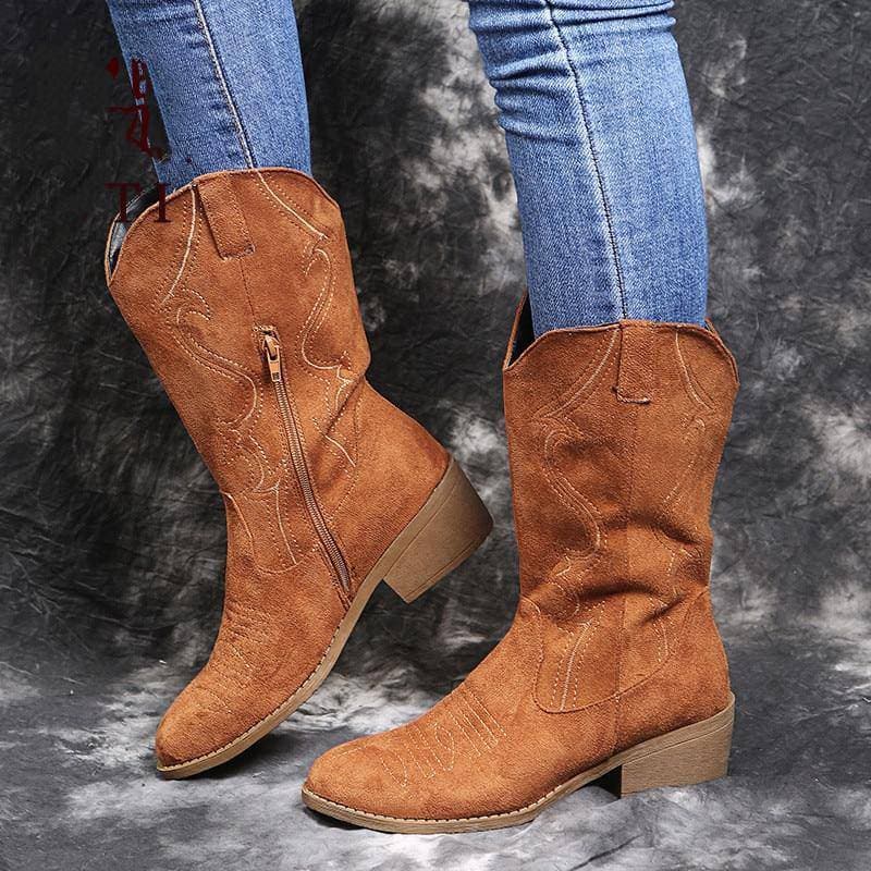 Women's Embroidery Mid Calf Chunky Heel Western Cowboy Boots