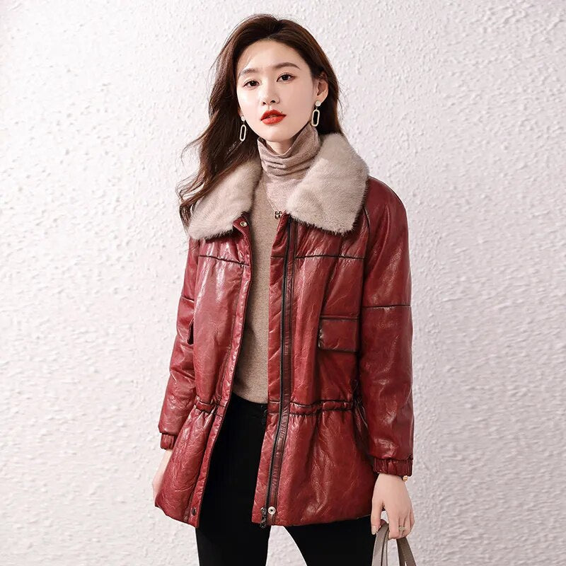 Women's Vintage Sheepskin Mink Fur Collar Zipper Winter Jacket