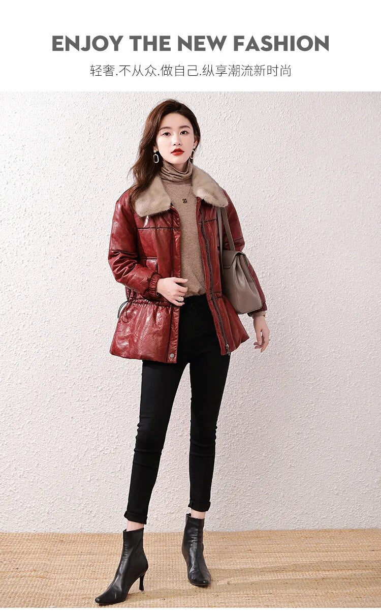 Women's Vintage Sheepskin Mink Fur Collar Zipper Winter Jacket