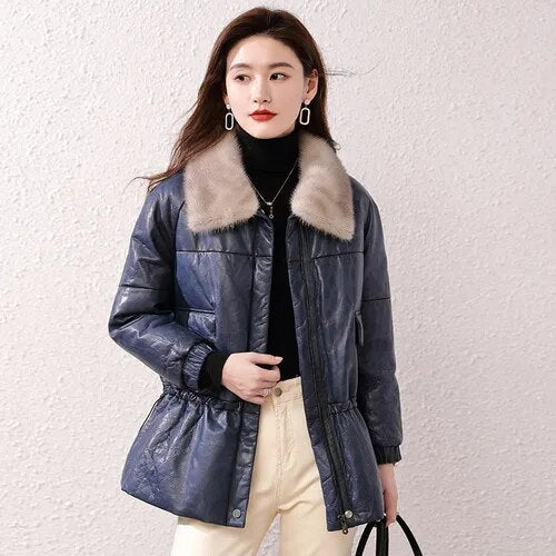 Women's Vintage Sheepskin Mink Fur Collar Zipper Winter Jacket