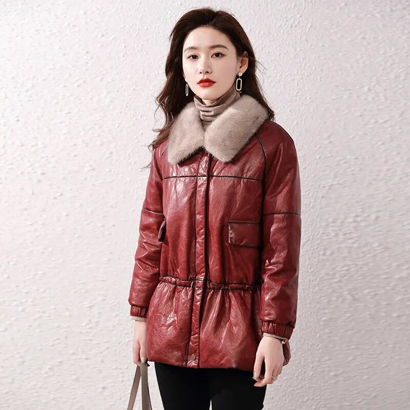 Women's Vintage Sheepskin Mink Fur Collar Zipper Winter Jacket