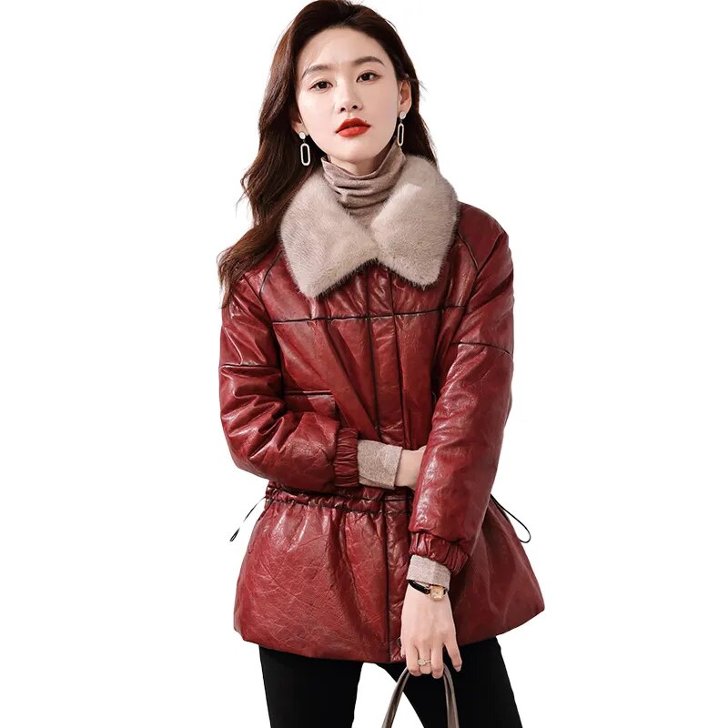 Women's Vintage Sheepskin Mink Fur Collar Zipper Winter Jacket