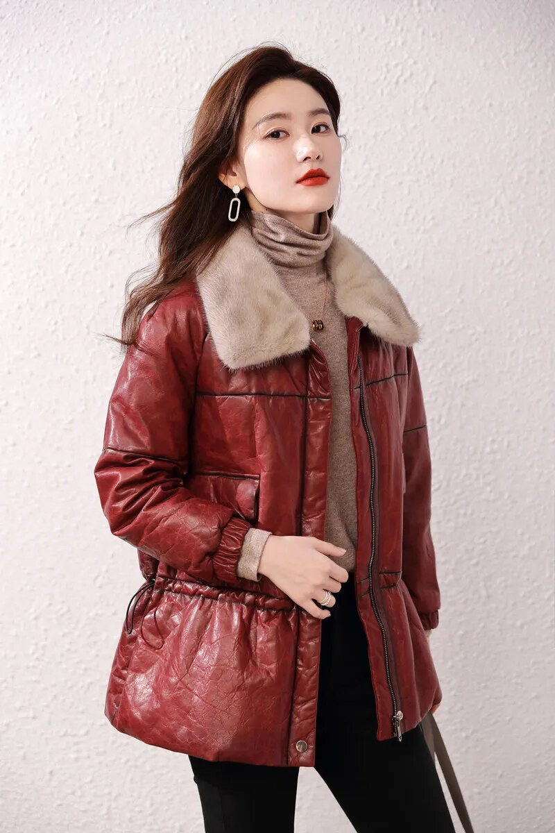 Women's Vintage Sheepskin Mink Fur Collar Zipper Winter Jacket