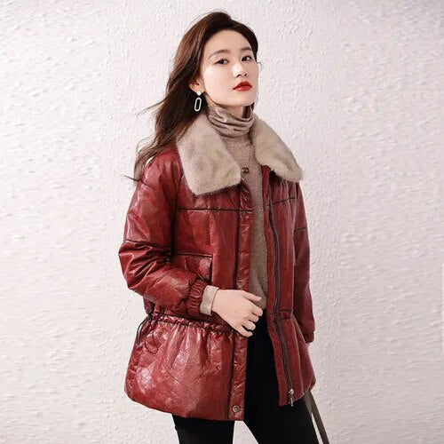 Women's Vintage Sheepskin Mink Fur Collar Zipper Winter Jacket