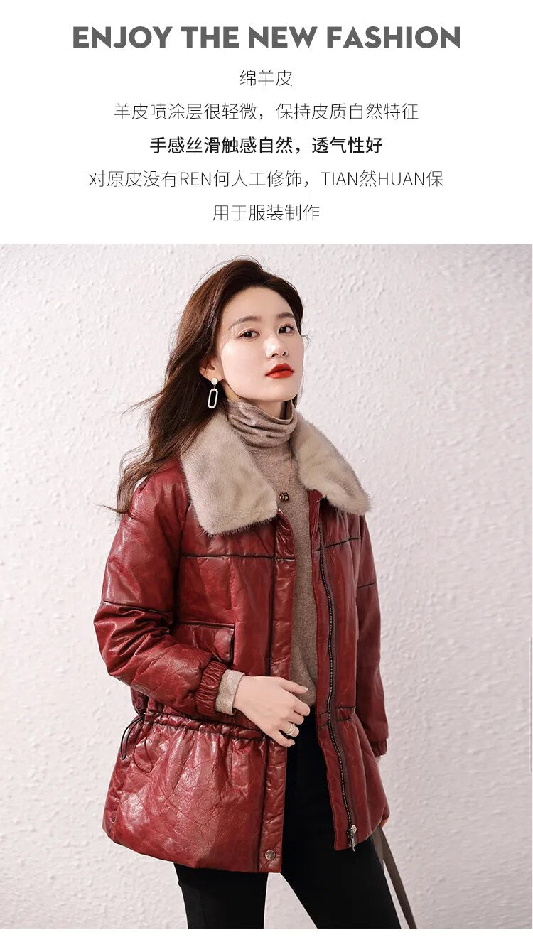 Women's Vintage Sheepskin Mink Fur Collar Zipper Winter Jacket